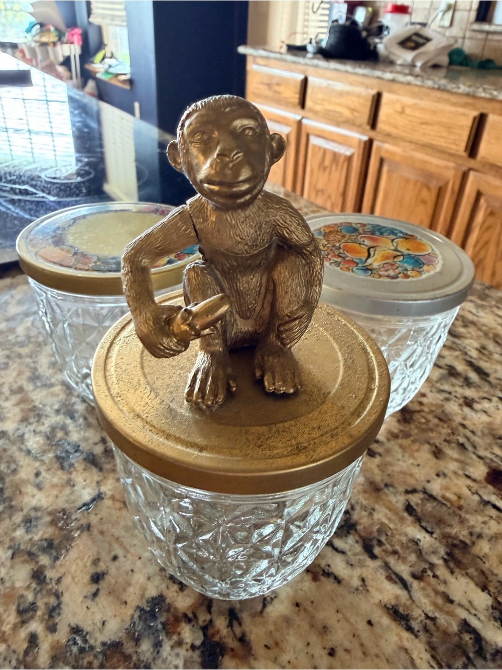 Set of 3 Vintage Quilted Crystal Ball Jar Brass Monkey Decorative+  2 Fruit Lids
